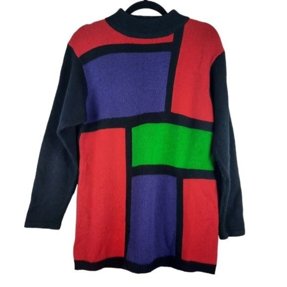 80s Lambswool Knit Sweater Vintage Liz Claiborne Color Block - Picture 3 of 10